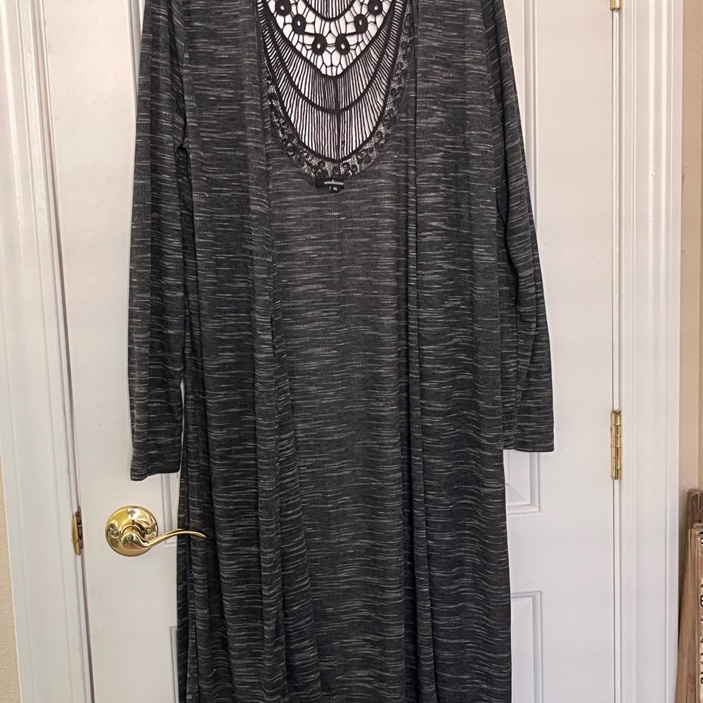 Ambiance dark Gray Long Sleeve cardigan duster with back lace inset 1xl